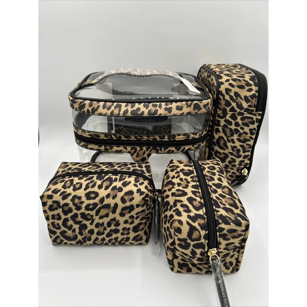 Victoria's Secret Leopard Print 4-in-1 Makeup Bag Set Clear Train Case NWT